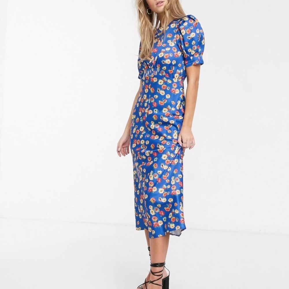 ASOS Satin Blue Floral Midi dress bell sleeves size US12